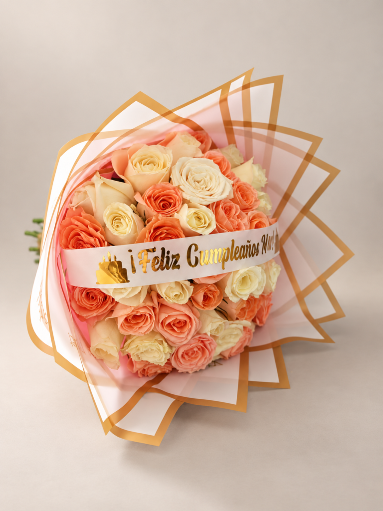 Bouquet de rosas salmón y crema con envoltura rosada de bordes dorados y cinta de feliz cumpleaños