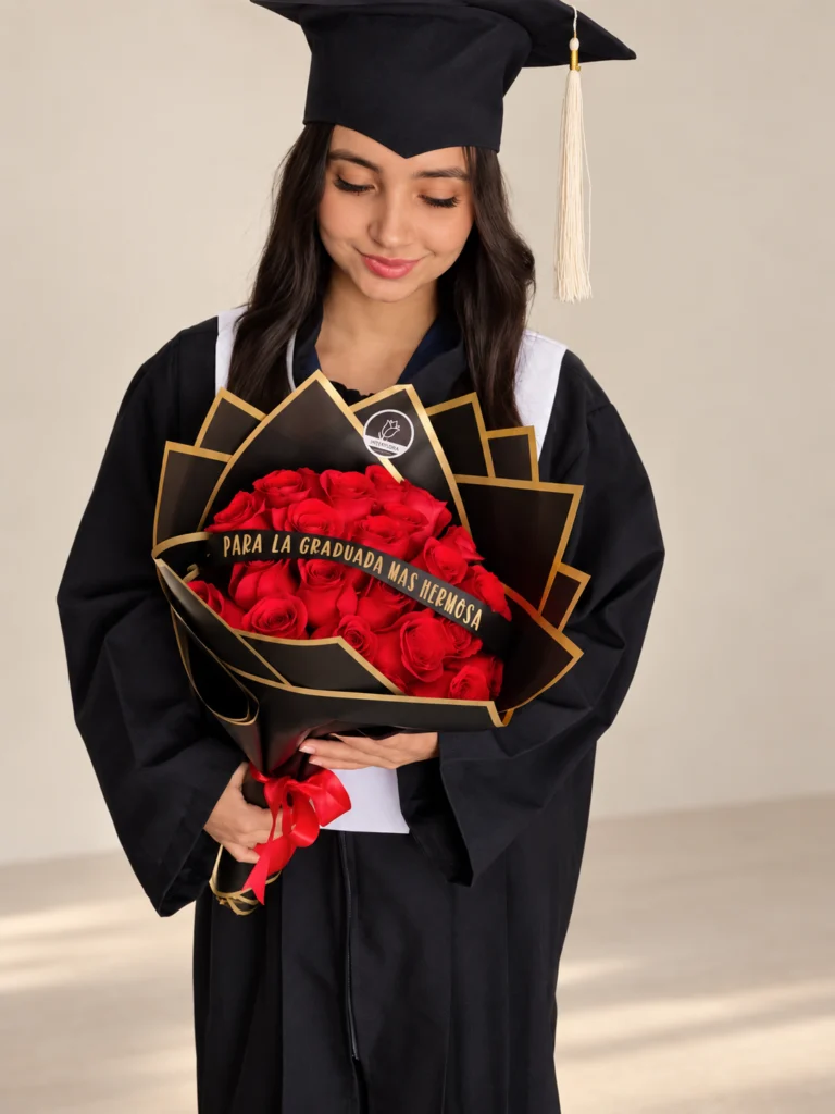 Graduada sosteniendo un bouquet de rosas rojas con envoltura negra de bordes dorados, lazo rojo y cinta de felicitación
