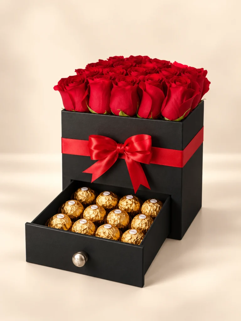 Caja de rosas rojas con cajón de chocolates