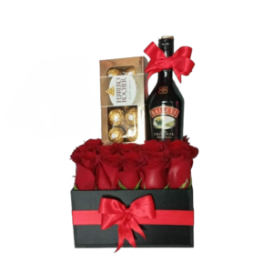 Caja De Rosas Rojas Con Ferreros y Baileys