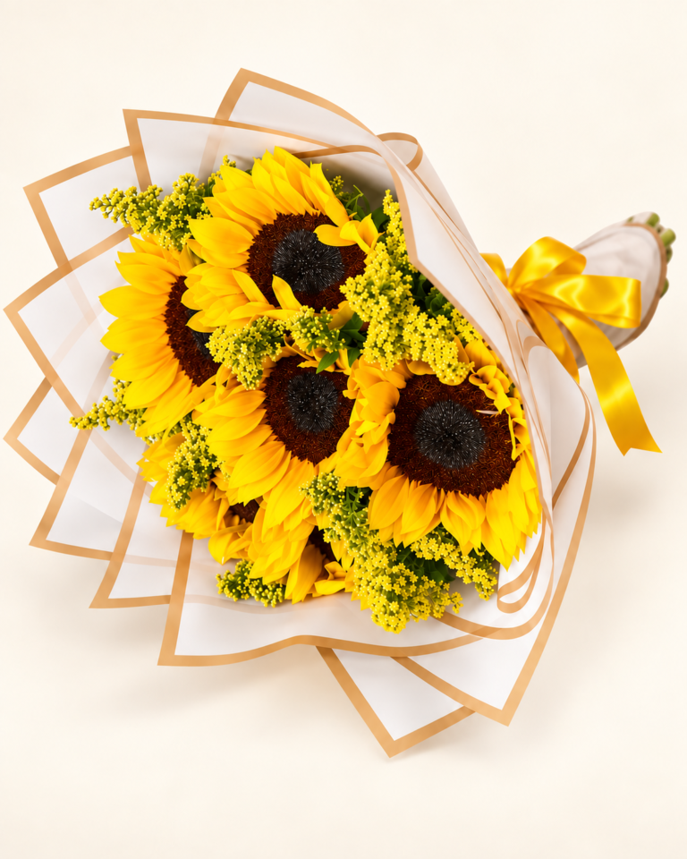 Bouquet de 6 girasoles con envoltura clara de bordes dorados y lazo amarillo