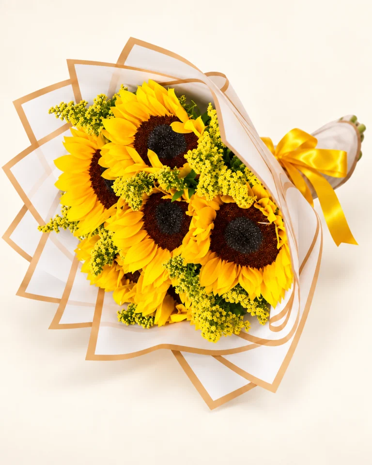 Bouquet de 6 girasoles con envoltura clara de bordes dorados y lazo amarillo