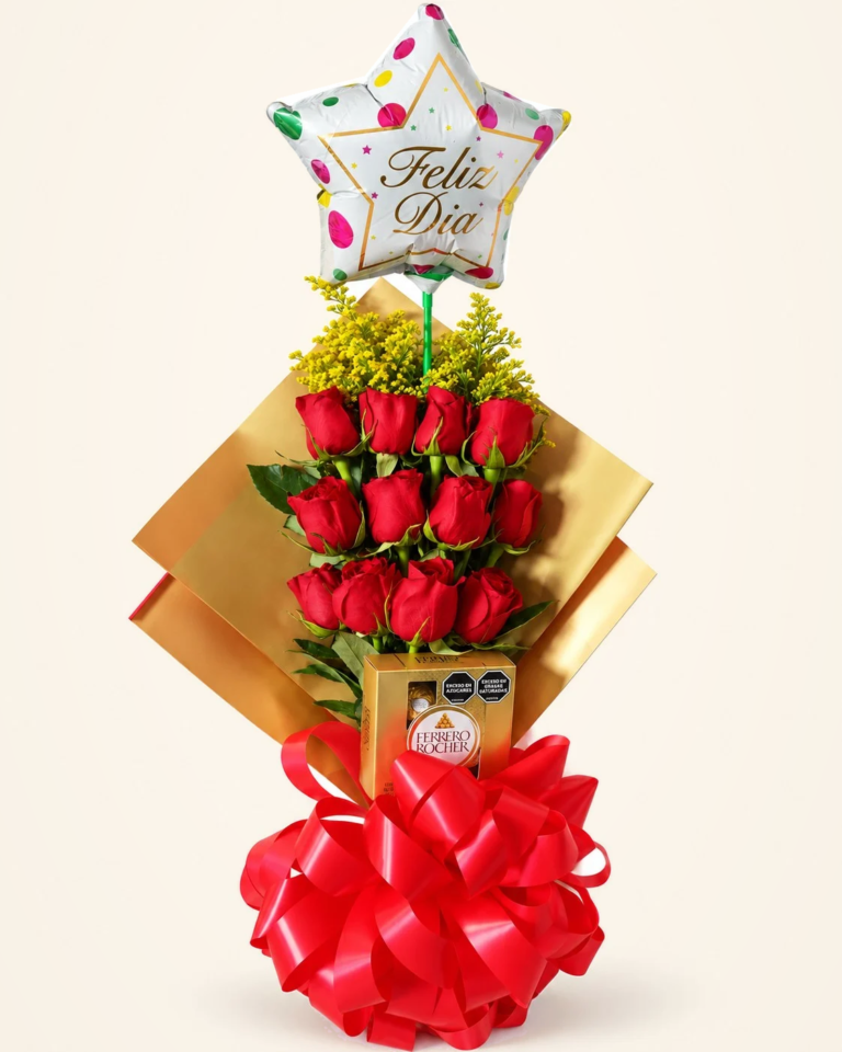 Arreglo vertical de rosas rojas con globo Feliz Día y chocolates Ferrero Rocher sobre fondo crema