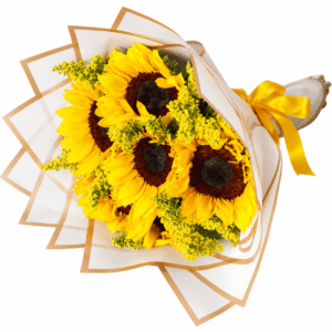 Bouquet de 6 girasoles amarillos con flores de acompañamiento, envoltura clara de bordes dorados y lazo amarillo