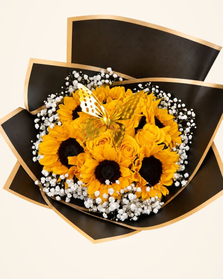 Bouquet de 6 girasoles con rosas amarillas