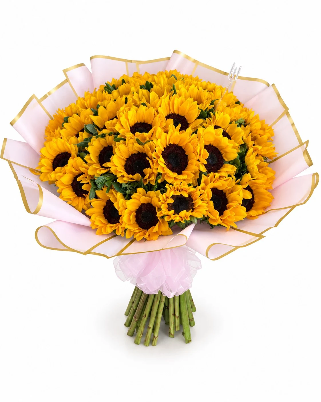 Vista frontal del bouquet gigante de girasoles