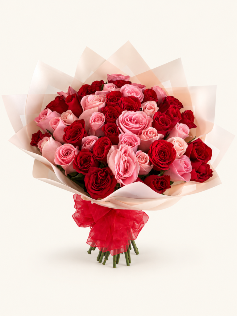 Buqué de rosas rojas y rosadas con envoltura en tonos claros y lazo rojo. Sobre fondo crema.
