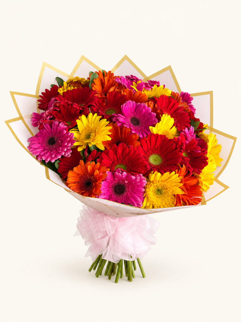 Buqué de 40 gerberas rojas, fucsias, amarillas y naranjas, con envoltura de borde dorado y lazo. Sobre fondo crema.