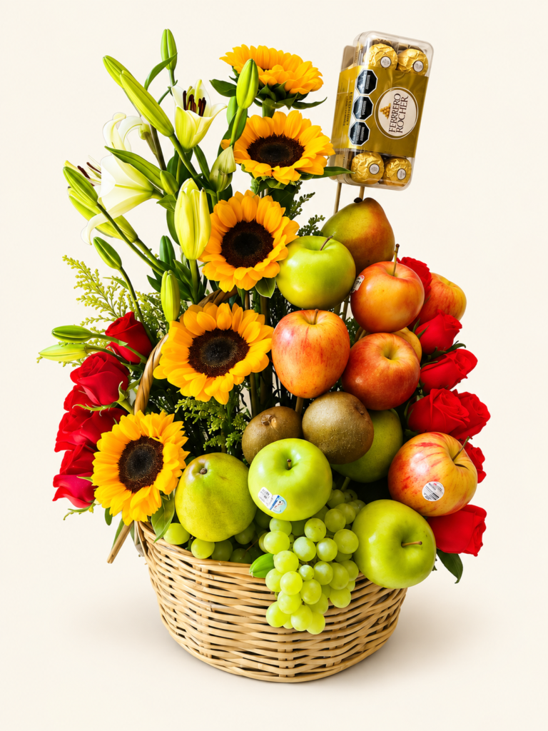 Canasta de mimbre con frutas variadas, girasoles, rosas rojas, lirios blancos y chocolates Ferrero Rocher. Sobre fondo crema.