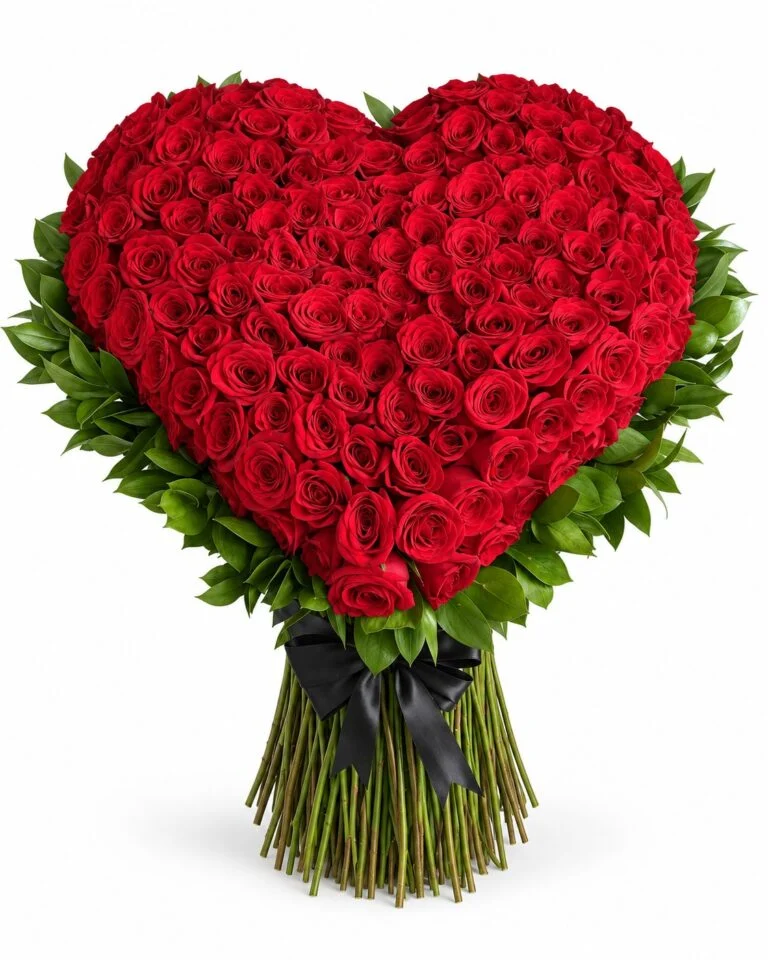 Corazón grande de rosas rojas con follaje verde y tallos sujetos con lazo negro