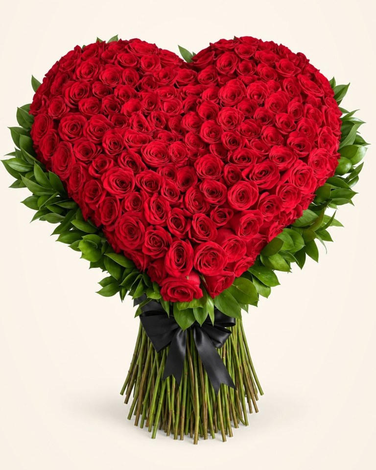 Corazón grande de rosas rojas con tallos y lazo negro
