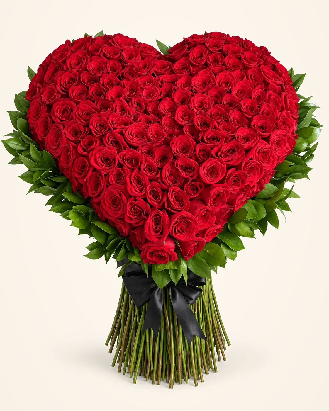 Corazón grande de rosas rojas con tallos y lazo negro