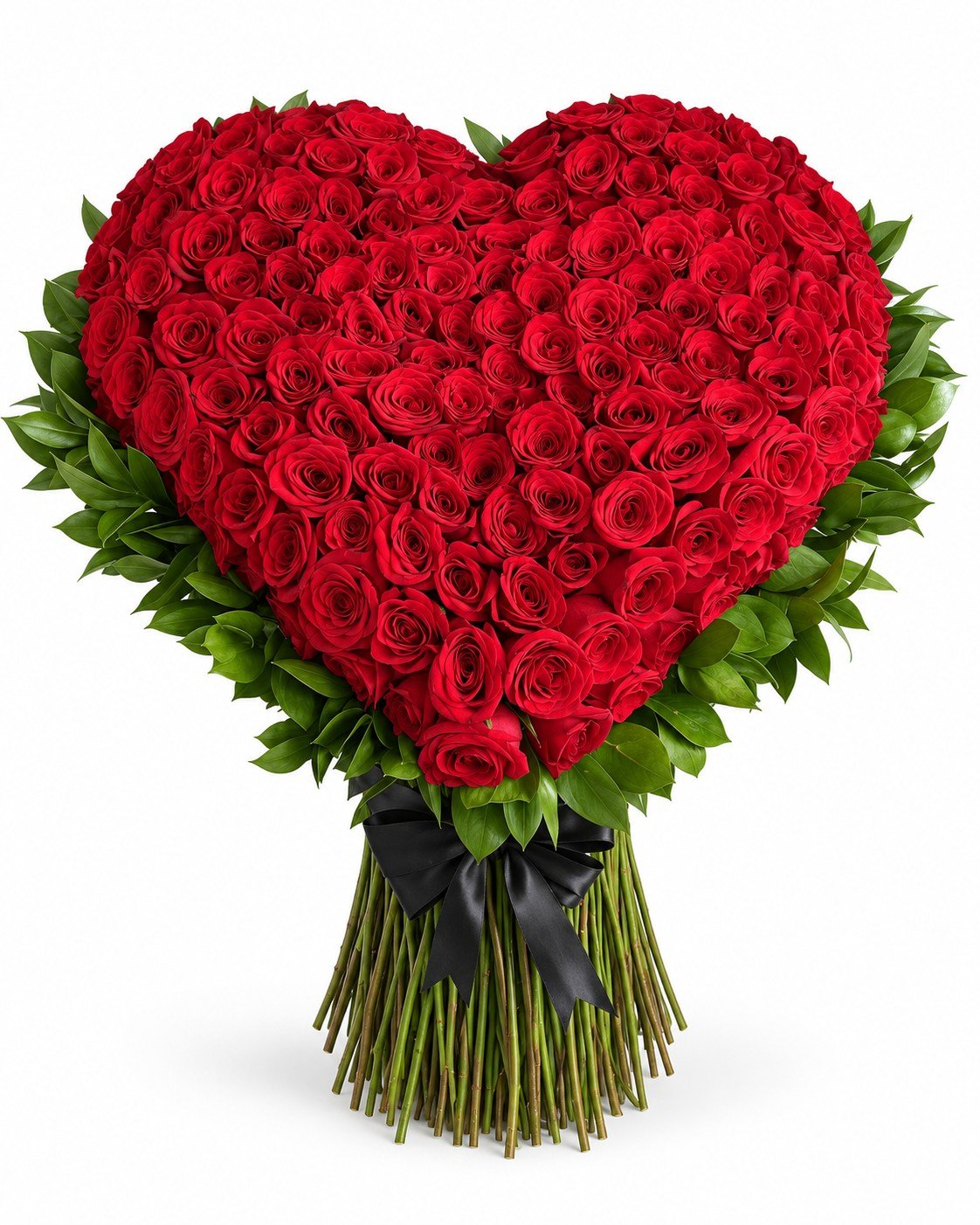 Corazón grande de rosas rojas con follaje verde y tallos sujetos con lazo negro