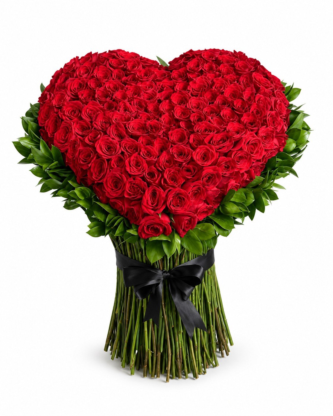 Vista completa del corazón grande de rosas rojas con tallos