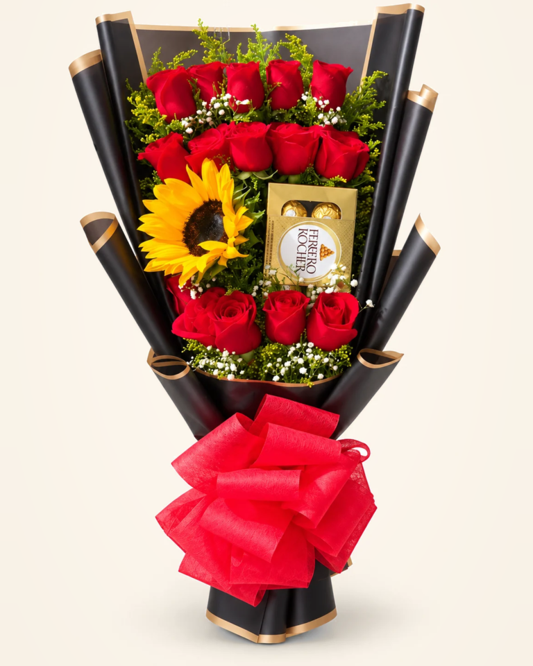 Engalanado de 20 rosas con girasol y Ferrero Rocher x8