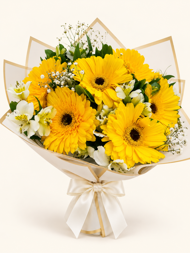 Buqué de gerberas amarillas acompañado de alstroemerias blancas, flores de relleno y follaje, con envoltura de borde dorado. Sobre fondo crema.