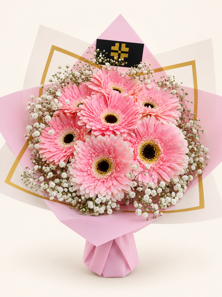 Buqué de gerberas rosadas acompañado de flores blancas de relleno y envoltura rosada con detalles dorados. Sobre fondo crema.