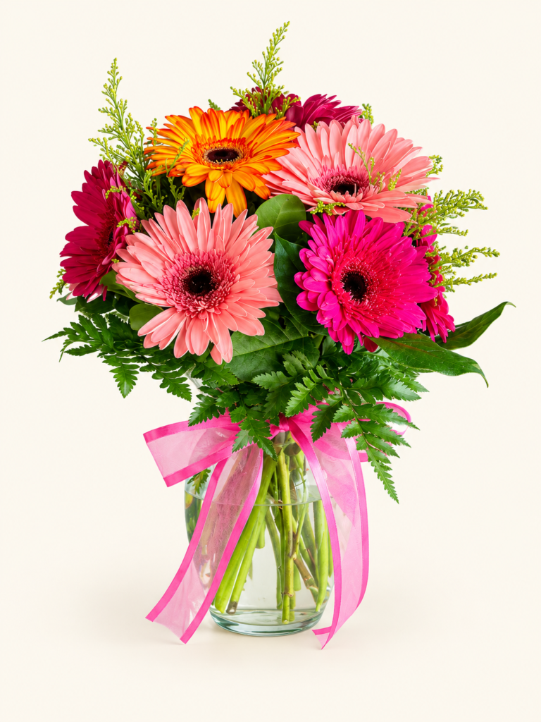 Arreglo de gerberas rosadas, fucsias y naranja con follaje, en jarrón de vidrio y lazo rosado. Sobre fondo crema.
