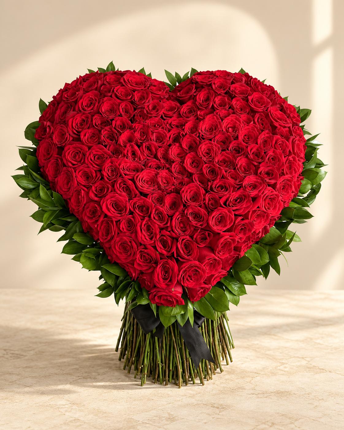 Corazón grande de rosas rojas con follaje, tallos y lazo negro sobre fondo crema iluminado