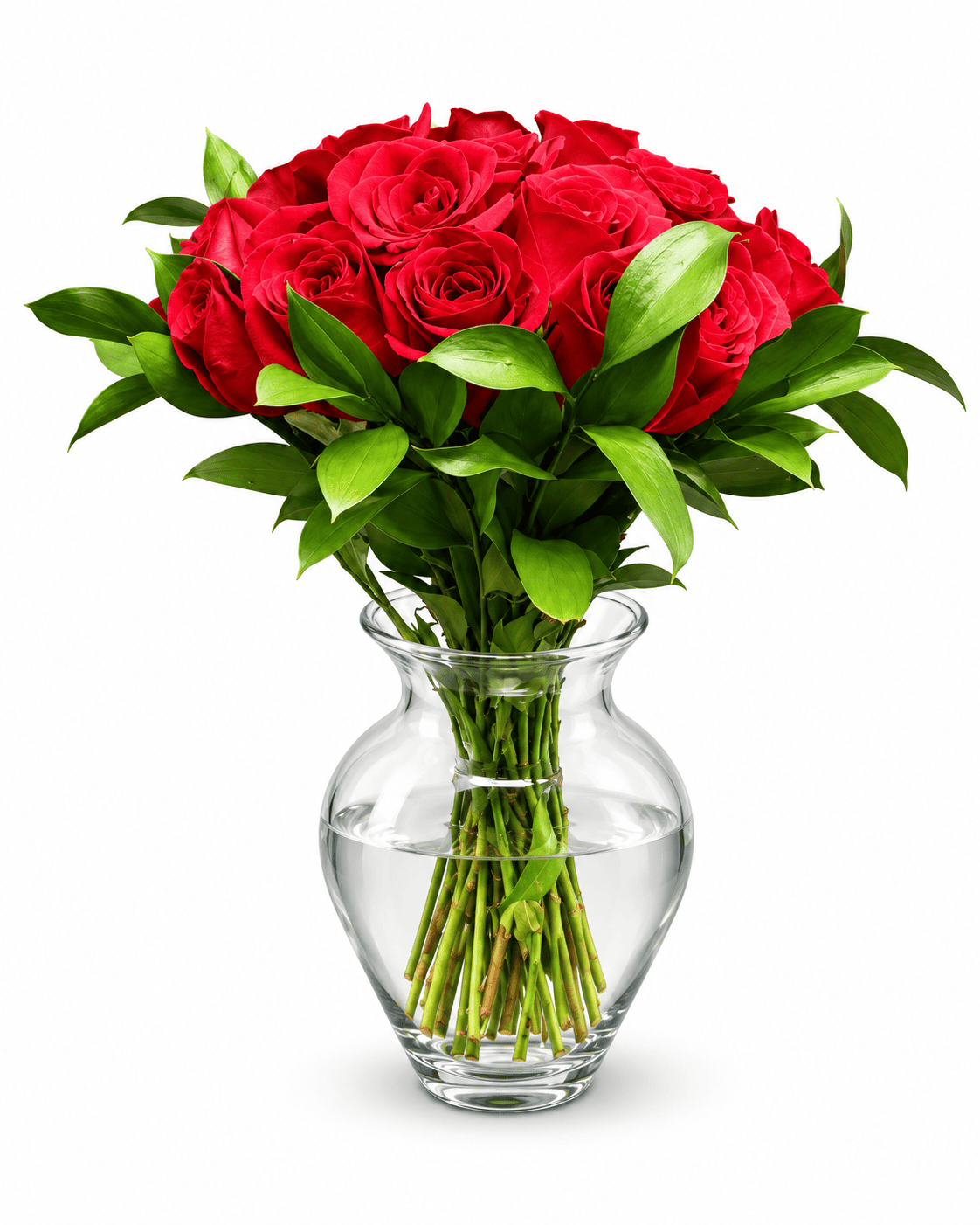 Arreglo de 24 rosas rojas con follaje verde en un jarrón transparente sobre fondo blanco