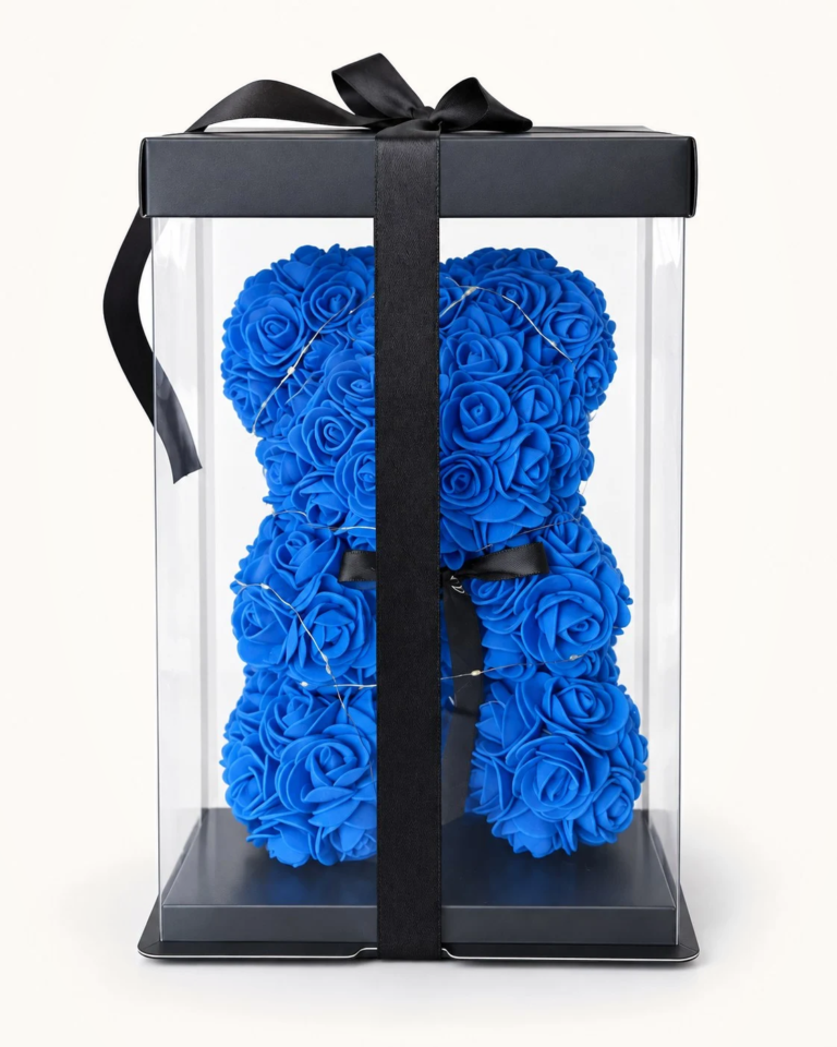 Oso teddy de rosas azules en caja
