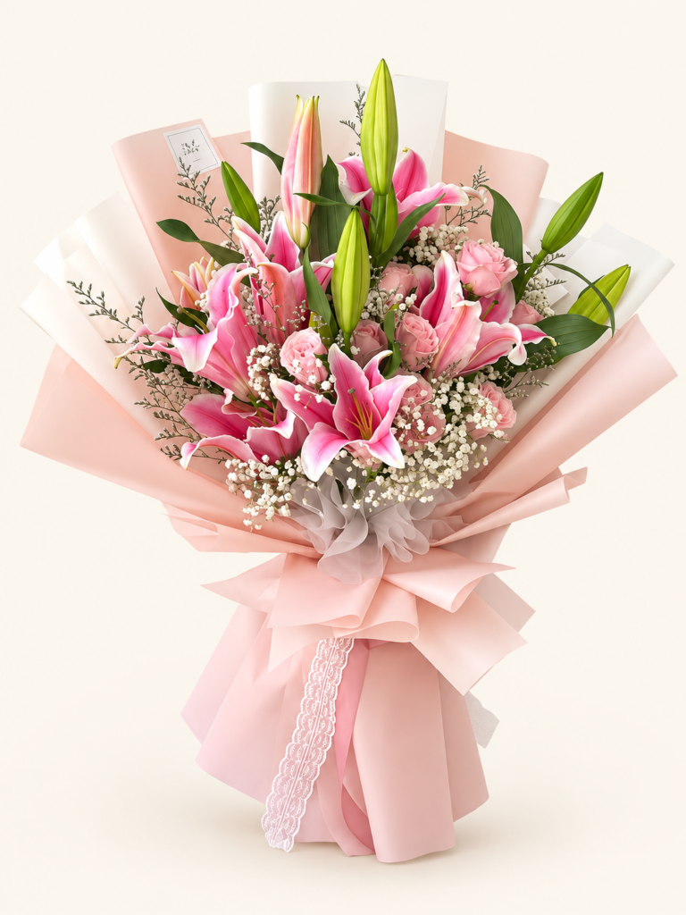 Buqué de lirios y rosas rosadas con gypsophila, follaje y envoltura rosada. Sobre fondo crema.