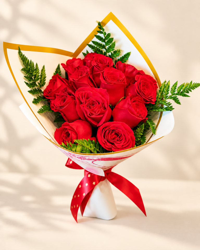 Ramo de rosas rojas con follaje y envoltura blanca y dorada
