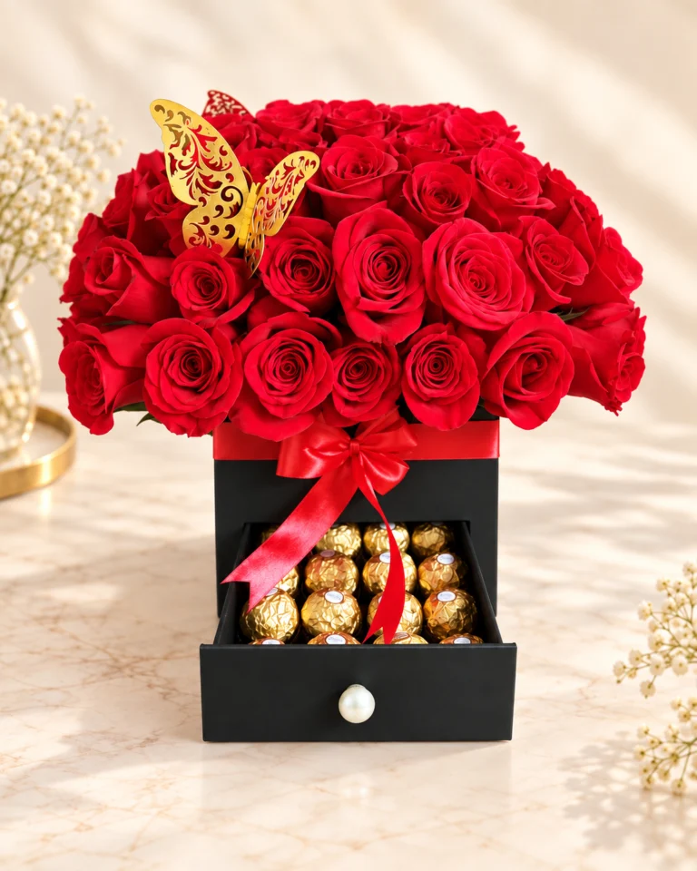 Caja negra con rosas rojas, mariposa dorada y cajón con chocolates