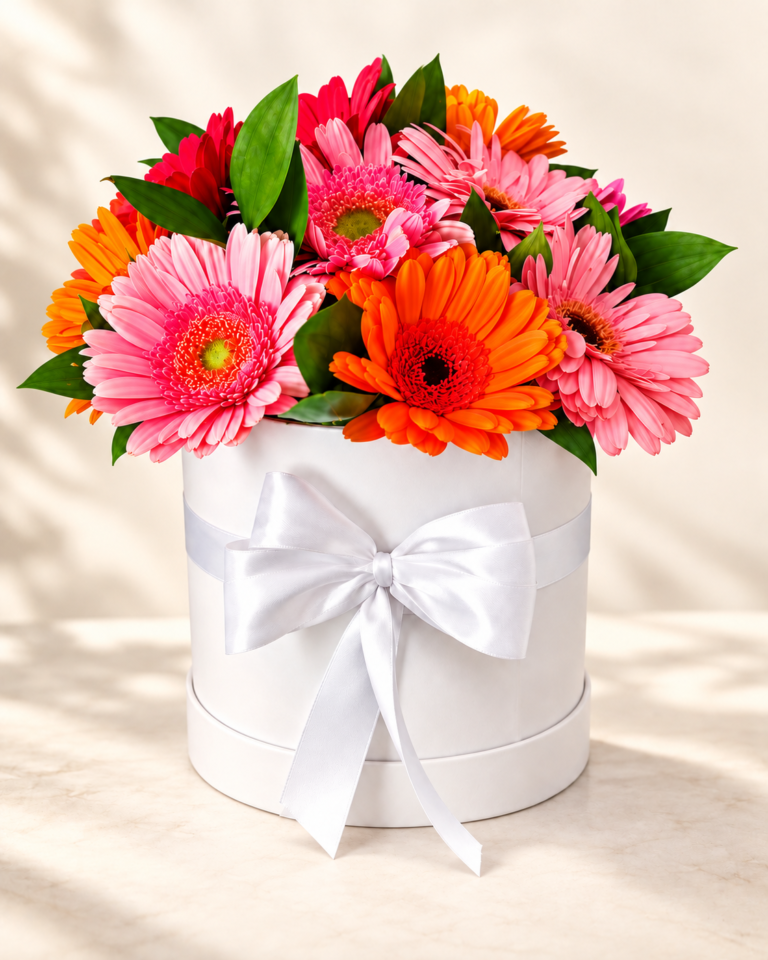 Gerberas rosadas, naranjas y rojas en caja redonda blanca con lazo