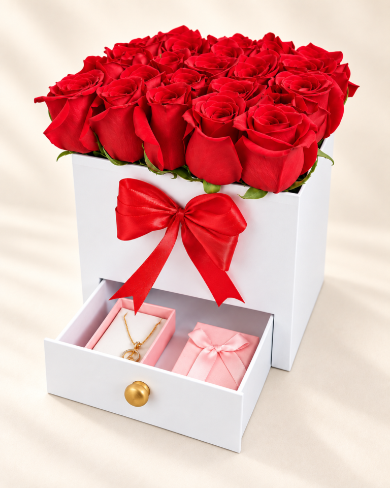 Caja blanca de rosas rojas con lazo rojo y cajón con collar