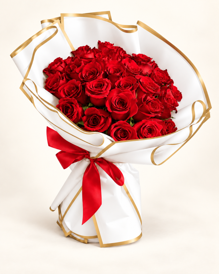 Bouquet de 24 rosas rojas en papel blanco con bordes dorados y lazo rojo