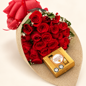 Bouquet de 24 rosas rojas con follaje y chocolates Ferrero Rocher