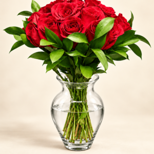 Jarrón transparente de 24 rosas rojas con follaje verde