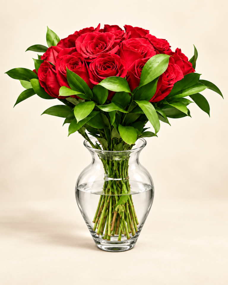 Jarrón transparente de 24 rosas rojas con follaje verde