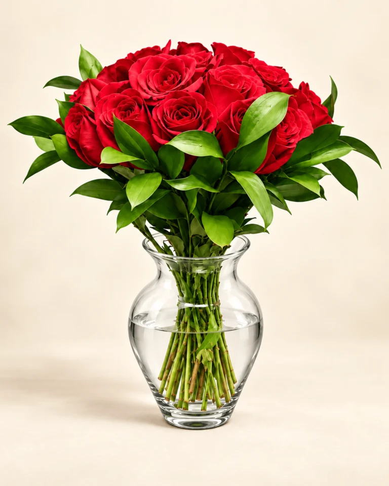 Jarrón transparente de 24 rosas rojas con follaje verde