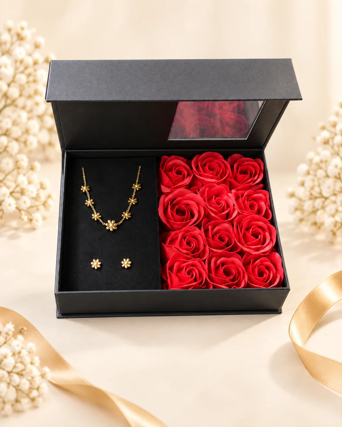 Estuche negro abierto con rosas rojas, collar y aretes florales