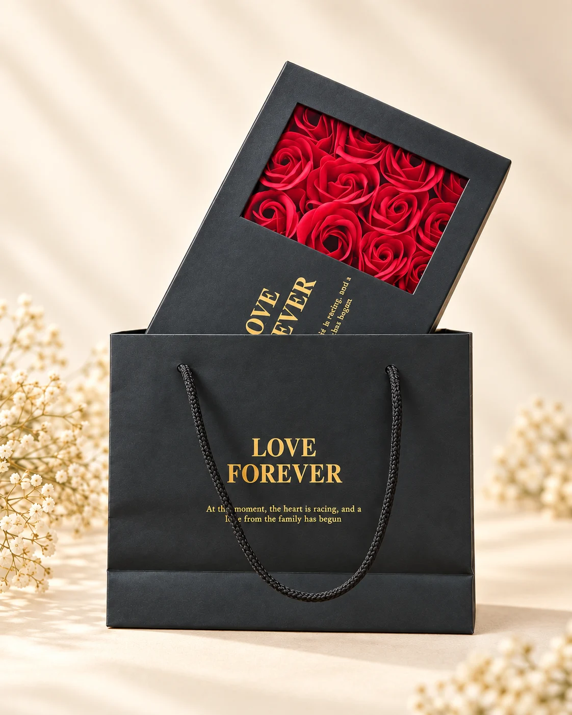 Estuche de rosas rojas con ventana y bolsa negra de presentación
