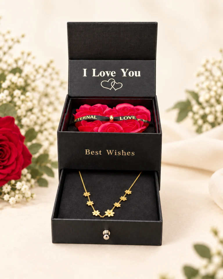 Joyero negro con rosas rojas y collar de flores en cajón