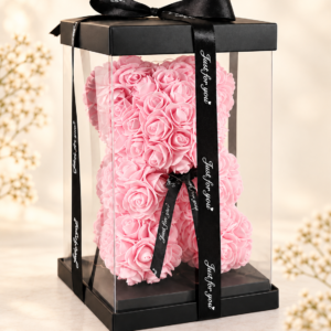 Oso teddy de rosas rosadas en caja transparente con cinta negra