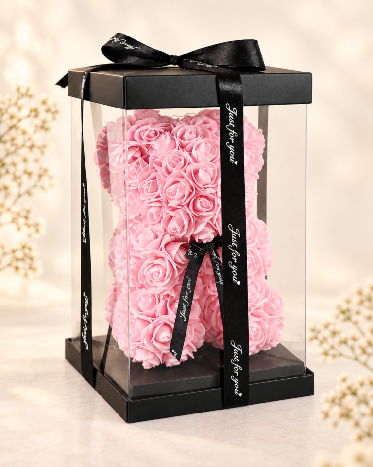 Oso teddy de rosas rosadas en caja transparente con cinta negra