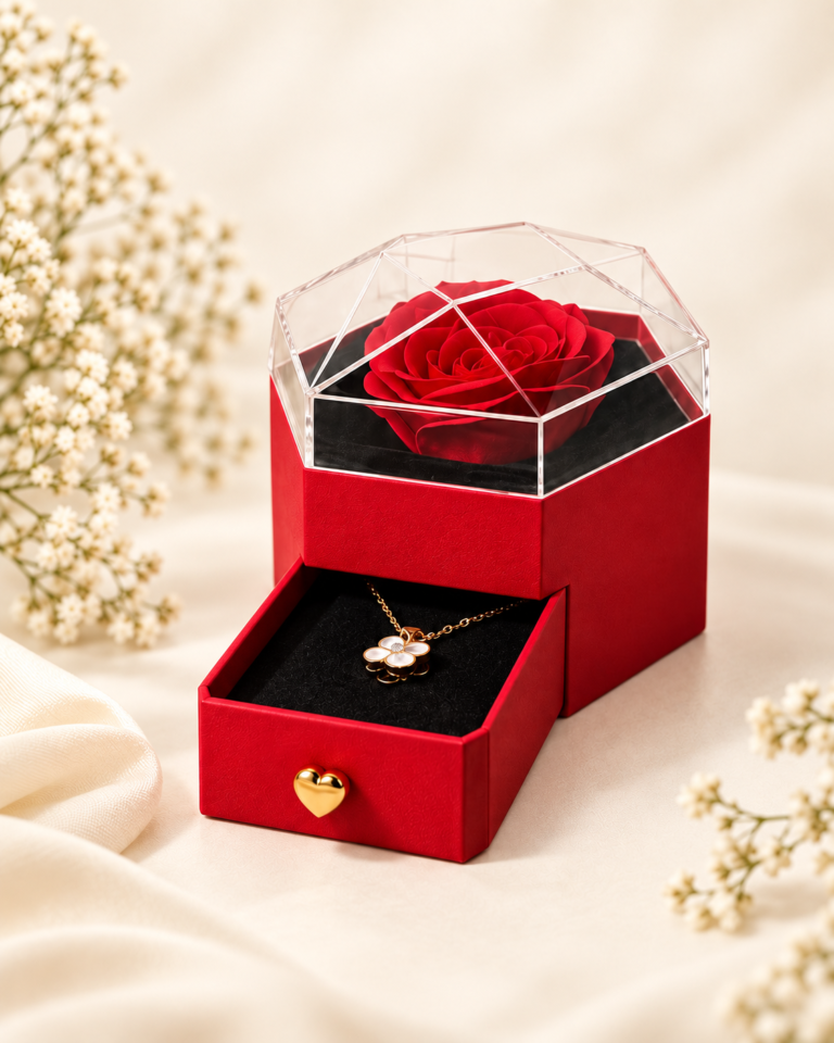 Joyero rojo geométrico con rosa roja y collar de flor