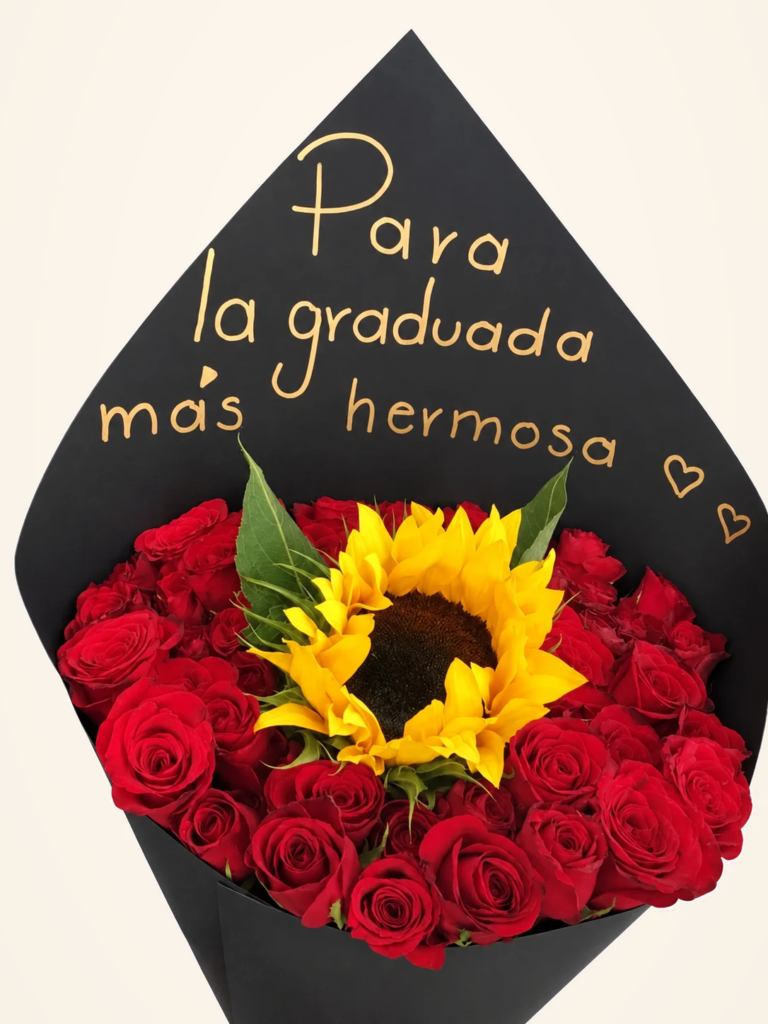 Ramo de 24 rosas rojas con girasol central
