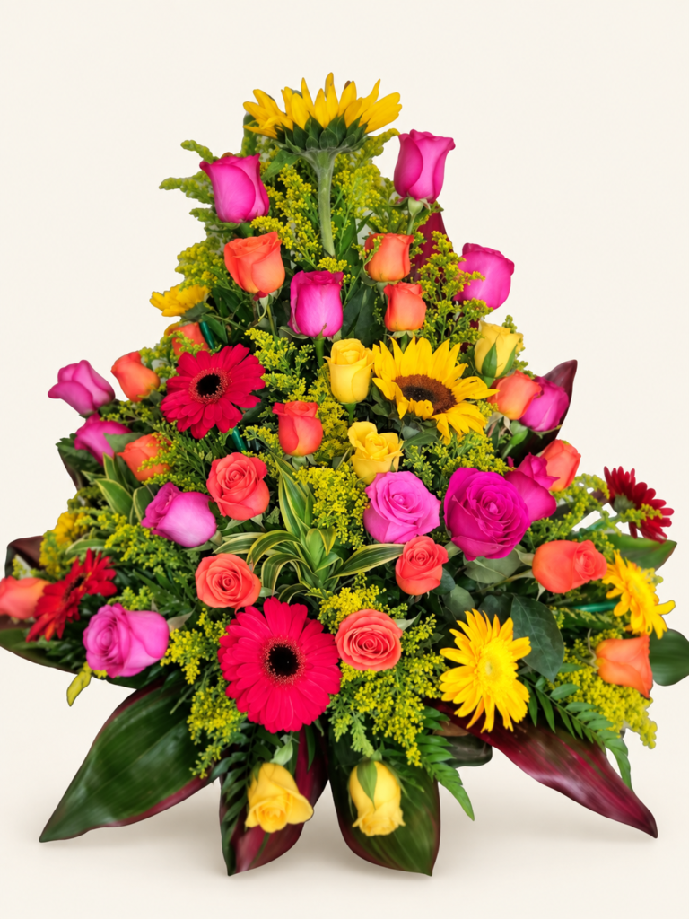 Arreglo de rosas fucsias, salmón y amarillas con gerberas, girasoles y follaje. Sobre fondo crema.