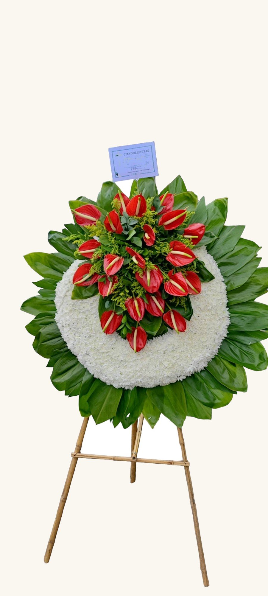 Corona fúnebre de anturios rojos y flores blancas para condolencias en Manizales