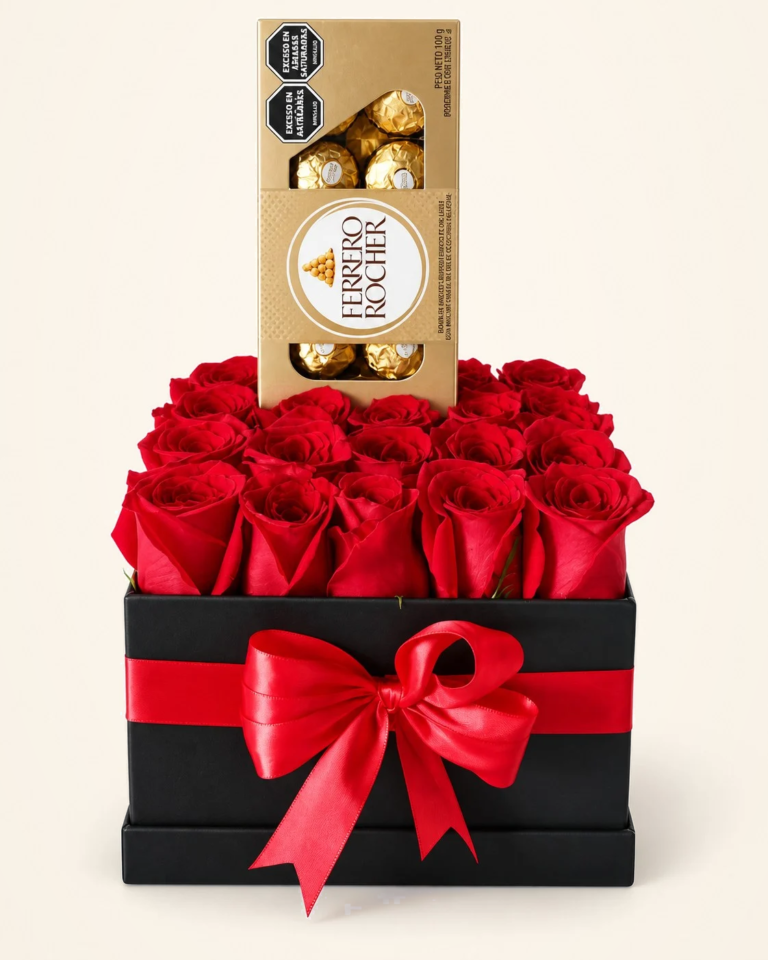 Caja negra de rosas rojas con chocolates Ferrero Rocher