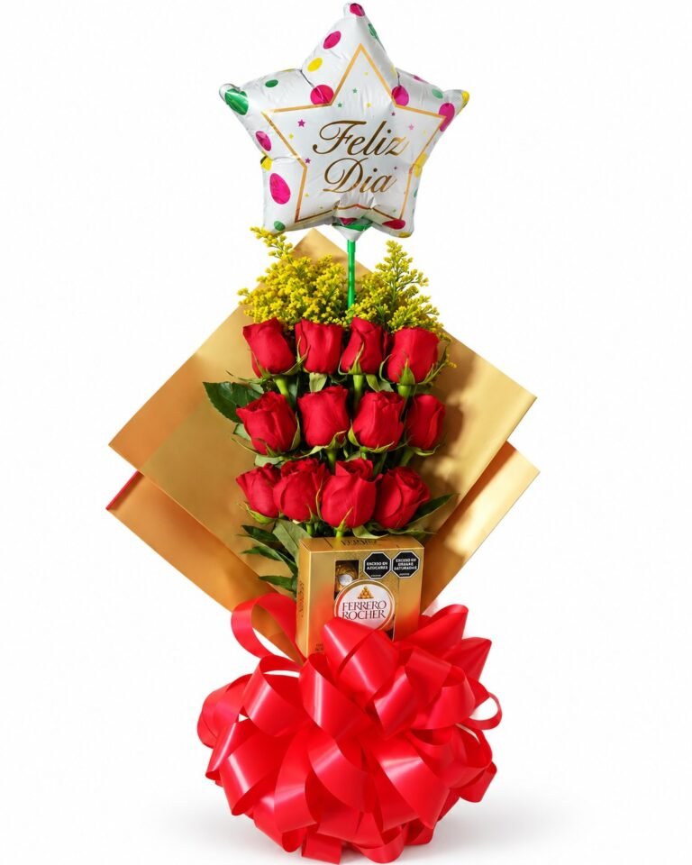 Arreglo vertical de rosas rojas con globo Feliz Día y chocolates Ferrero Rocher